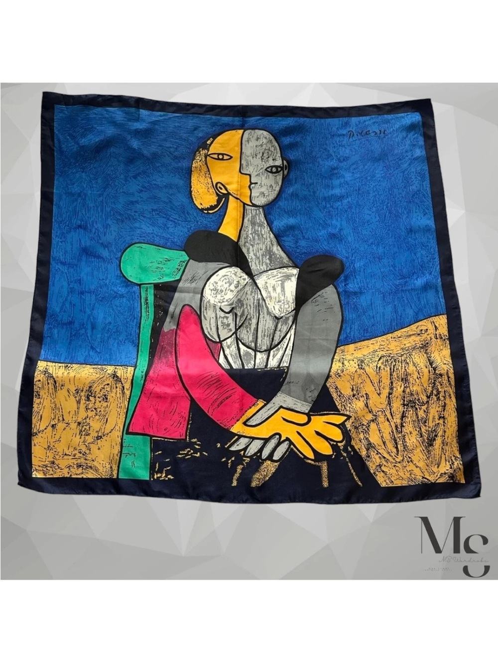 Vintage Picasso Multicolor Abstract Art Seated Women Scarf